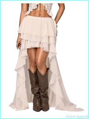 Boho Layered Ruffle Chiffon Maxi Skirt Y2K Elastic Drop Waist Asymmetrical
